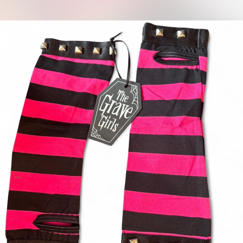 SOLD-The Grave Girls Pink and Black Striped Arm Warmers